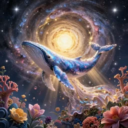 glimmering whale, flowing dress, flowers, cosmos, milky way galaxy, swirling, center point, golden hour, god rays, coral reef, dreamscape by artgerm and ruan jia and ismail inceoglu and greg olsen, masterpiece, beautiful, intricate, elegant, highly detailed