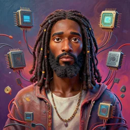 stylish caricature - 3 d vfx - drew struzan movie poster - art of an african jesus surrounded by wires and computer chips, art style by james jean & hsiao - ron cheng, unreal engine render, digital illustration, sharp, intricate detail, volumetric lighting, ray tracing, soft light, colourful, claymation style, ernie barnes style, symmetry, acrylic on canvas, pinterest