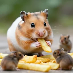 detailed photo of a hamster eating fries, outdoors, various poses, full body, unedited, daylight, dof 8 k