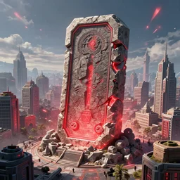 a huge, towering and broken stone tablet with red light stands in the center of a prosperous city at the end of the world, and the energy is released, video game control, quantum break, arknights