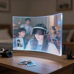 floating curved transparent screens, volumetric lighting, bedroom, visor, users, pair of keycards on table, bokeh, creterion collection, shot on 7 0 mm, instax