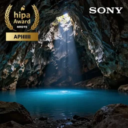 epic view of a secret cave with a blue lake far at the bottom, dark light, volumetric light, penumbra, shadow effect, surrealism, beautiful, hipa award winner, sony awards winner, photography, best photography, full of details 8 k, high quality, wide view