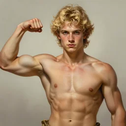 hyperrealistic painted portrait of rugged young teen twink zeus greek god showing biceps, zyzz pose, blonde hair, handsome handsome detailed digital painting trending artstation concept art sharp focus illustration art by alphonse mucha greg rutkowski