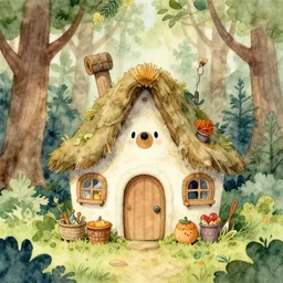 kawaii baba yaga's hut in forest, watercolour illustration, beatrix potter watercolour