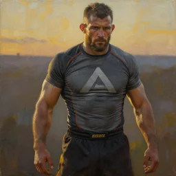 royce gracie by leroy neiman, intricate, ultra detailed painting, atmospheric lighting, golden hour
