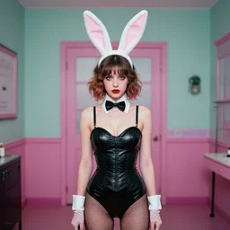 photo of a twenty year old woman in bunnypunk fashion taken by wes anderson, bunnypunk, rabbit, bunny