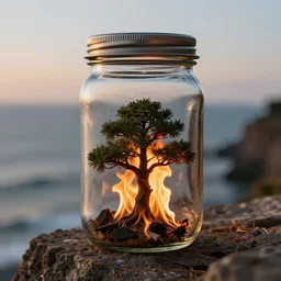 glass jar with a miniature tree on fire inside the jar, standing on a cliff, bokeh, ocean in the background, metal lid, dramatic lighting, hyperrealistic, cgsociety, artstation, 8 k, highly detailed, beautiful digital art