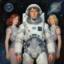 a painting of a man and two women in space, a storybook illustration by greg rutkowski, trending on tumblr, retrofuturism, future tech, futuristic, sci - fi