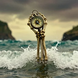 a still from the movie pirates of the carribbean depicting a skeletal hand rising from the shore break holding an ornate compass.