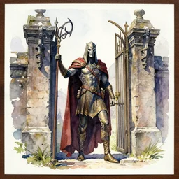 Roguish Picaro Dsurion stands at the gates of Hades Hand Crafted By Rodin. Painting by Donato Giancola Jeff Simpson stamp watercolor
