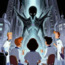 scientists confronting a malevolent digital intelligence, hi tech, futurism, rhads!!!, ominous, digital science fiction realism, urban fantasy, saturday morning cartoon, clean linework, ( alexander archipenko ), western animation