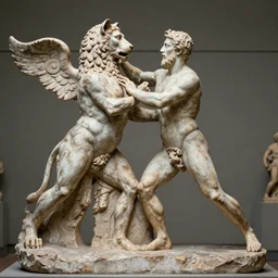 greek statue of cerberus fighting Hercules, historical artwork, museum art, rome greece, artstation, tumblr