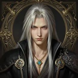 head-on centered symmetrical painted portrait, Sephiroth as an androgynous Mage, intricate fantasy robes, fantasy, intricate, elegant, highly detailed, digital painting, smooth, sharp focus, illustration, dramatic lighting, artstation, in the style of Artgerm and Anna Podedworna and Alex Ross
