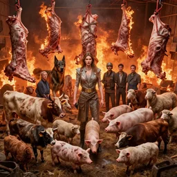 high intricate photo of a burning slaughterhouse, hellhounds, cows, chicken, pigs, sheep, bulls, maria panfilova, andrea savchenko, mike kime, ludovic plouffe, qi sheng luo, oliver cook, david noren, trending on artstation