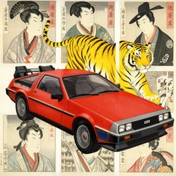 a red delorean for a yellow tiger, art by hsiao - ron cheng and utagawa kunisada in a magazine collage, # de 9 5 f 0