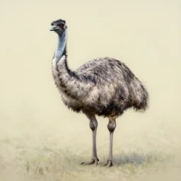 the emu queen, airbrush painting, pale, wide shot,
