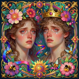 adam and eve, intense eyes, tears running down, crying, vaporwave aesthetic, synthwave, colorful, psychedelic, garden of eden, crown, flowers, bees, butterflies, ribbons, ornate, intricate, digital painting, artstation, concept art, smooth, sharp focus, illustration, art by artgerm and greg rutkowski and alphonse mucha
