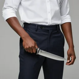 a black man wearing a white shirt tucked into slacks. he is wielding a knife with a confident and smug look on his face. in the style of of true detective. art by tomasz alen kopera and glenn fabry.