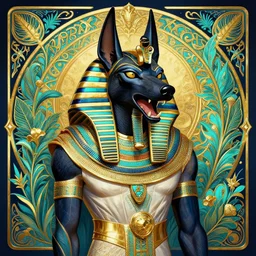 enraged god anubis, snarling jackal with egyptian pharaoh headdress, ornate art nouveau botanicals, cyan and gold palette, fantasy, intricate, elegant, highly detailed, colorful, vivid color, digital painting, artstation, concept art, art by artgerm and greg rutkowski and ruan jia,