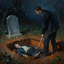 a man with a shovel standing digging up a grave with a headstone with a dead body partially out of the hole, by nicola samori, painting, 8 k, high detail, subtle blue, orange, and dark green tones, high quality, sad feeling, high detail, dark colors, sinister atmosphere, dramatic lighting, cinematic, establishing shot, extremely high detail, photo realistic, cinematic lighting