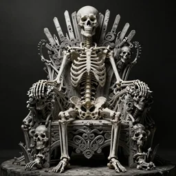 several dozen skeletons fused together into a throne, black and white, intricate, very detailed, in the style of mark riddick,