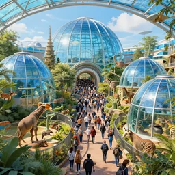 futustic london's zoo with huge crowded place, animal enclosures, blue glass domes, hyperdetailed, artstation, cgsociety, 8 k
