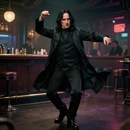 Severus Snape dancing in a bar, cyberpunk, full body, realistic, digital art