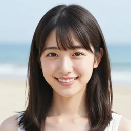 japanese model girl smiling at camera at the beach show head