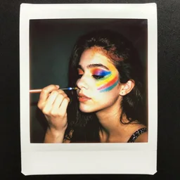 instax polaroid film photo of a woman painting her face rainbow colors, nostalgia, faded glow, expired film analog photography, grainy texturized dusty, saturated colorized