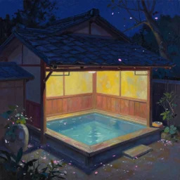 painting of night time intimate empty traditional onsen by small inn floating petals by artgerm mullins rutkowski pixar traditional japanese architecture concept art fantasy octane raytracing vivid color indirect light artstation