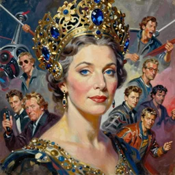 oil painting upper body portrait of elegant mature woman wearing ornate baroque iron headdress, sapphire blue eyes, dynamic, by norman rockwell, jack kirby, alex ross, bergey, zdzislaw beksinski, ruan jia, jeremy mann, tom lovell, 5 0 s science fiction, pulp scifi fantasy marvel illustration