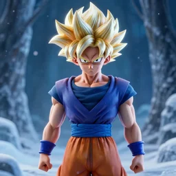 portrait focus of angry super saiyan beautiful 3 d anime girl posing, frozen ice dark forest background, snowing, bokeh, inspired by masami kurumada, octane render, volumetric lighting