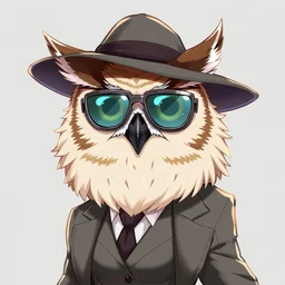 an anthropomorphic female owl wearing mechanical sunglasses, grey suit, long hat, by kawacy, trending on pixiv, anime, furry art, trending on furaffinity, mafia member