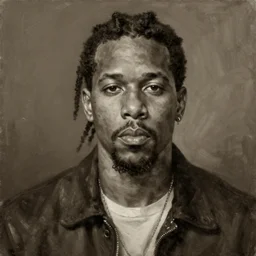 an oil painting portrait of J. Cole, sepia tone, dramatic