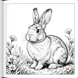 Black and white coloring book page of a bunny rabbit and wildflowers