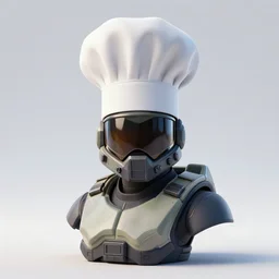 master chief with a chef hat on, bust shot, studio photo, 3 d render, unreal engine, stunning scene, hdr, dynamic lighting, chrome, metallic, shiny, reflective, 8 k, hard surfaces