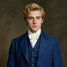 portrait painting of a young man of 2 8, wearing a blue suit with short blond hair, looked confident and handsome, unreal render cinematic lighting art 1 9 2 0 period drama by bussiere rutkowski andreas rocha