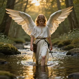 Beautiful teenage angel protecting a warrior standing in a river in a forest, golden hour, ray tracing reflection, 8k, hyper realistic, insainly detailed, hdr, octan render, in the style of the Old Masters