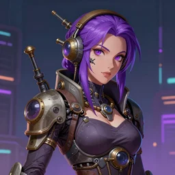 a digital painting of a woman with purple hair, cyberpunk art by senior artist, cgsociety, retrofuturism, 2 d game art, steampunk, future tech