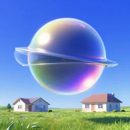 an orb flying over a house in a meadow with blue sky. slick, futuristic design. colorful soft gradients, translucence. pre - 2 0 0 0 s era. 9 0's computer art, early computer graphics
