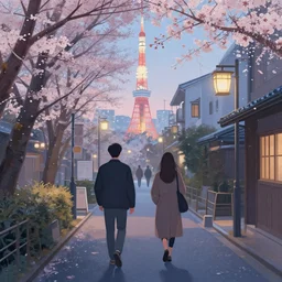 evening tokyo walk in tachikawa. volumetric lighting, spring early morning, dew, nice weather, realistic illustration, perfectly shaded, soft painting, art by krenz cushart and wenjun lin
