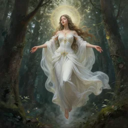 apparition of one goddess descending over a forest, fantasy, magical, high quality, spiritual, intricate, elegant, highly detailed, digital painting, trending on artstation, concept art, smooth, sharp focus, by ruan jia and wlop