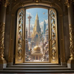 carved futuristic door at the end of ancient ornate steps shows a large window to a city detailing the vast architectural scientific ancient and cultural acheivements of humankind, magical atmosphere, renato muccillo, jorge jacinto, andreas rocha, damian kryzwonos, ede laszlo, christian reiske, highly detailed digital art, cinematic blue and gold