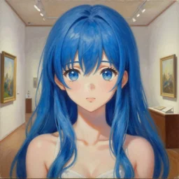 an infinitely detailed museum - quality oil painting, detailed artwork of an anime girl erika furudo from umineko when they cry, long blue hair, cute - fine - face, beautiful face render artstation, 4 k