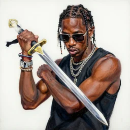 travis scott with sunglasses holding a sword, painting, beautiful, thick lines