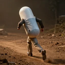 a man dressed as a drug tablet running away from dirt, illustration, cinematic lighting, establishing shot