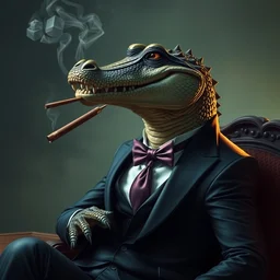 a humanoid elegant crocodile smoking a cigar