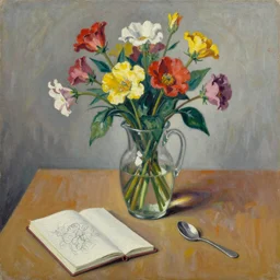 flowers in jug, notebook, spoon on a table, still life on a table in the style of ivon hitchens, ben nicholson and winifred nicholson. oil painting, drawing,