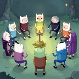 a group of lovecraftian cultists in a circle performing a ritual in the style of adventure time
