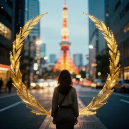 symmetry!! a 2 8 mm macro photo from the back of a woman in tokyo, seen from a distance, long exposure, splash art, movie still, bokeh, canon 5 0 mm, cinematic lighting, dramatic, film, photography, golden hour, depth of field, award - winning, anamorphic lens flare, 8 k, hyper detailed, 3 5 mm film grain